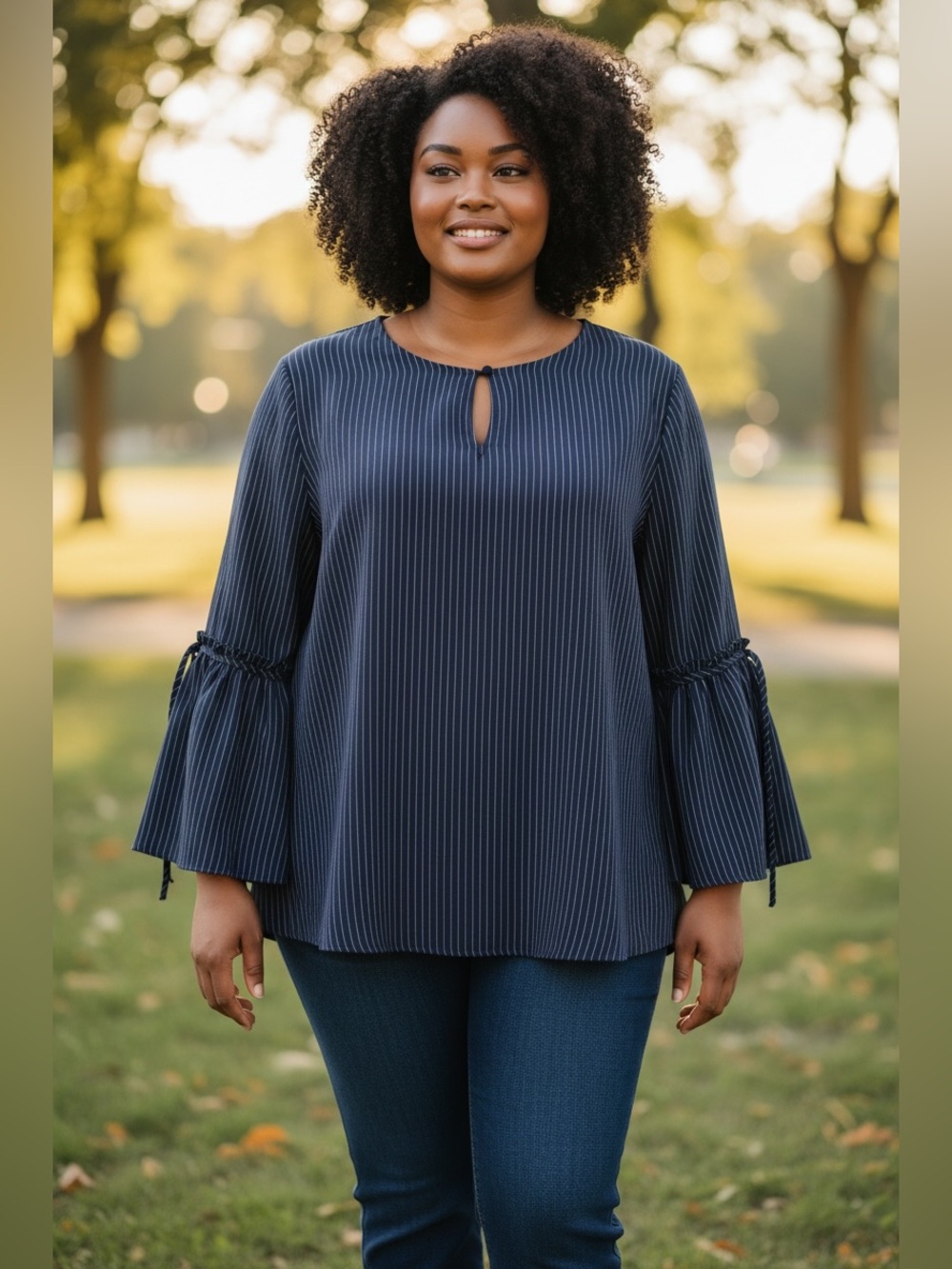 Lane Bryant 26/28 Navy Pinstripe Bell Sleeve Keyhole Blouse Plus Size